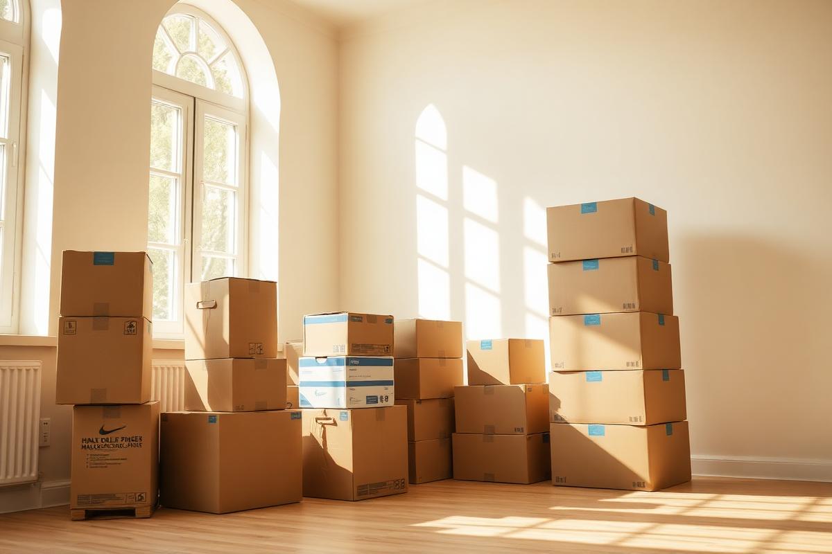 Moving boxes stacked in a bright empty living room with warm cream walls