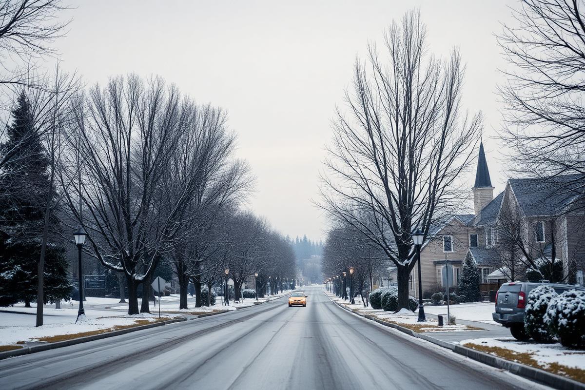 Snow-lined suburban street in Idaho on a quiet winter afternoon
