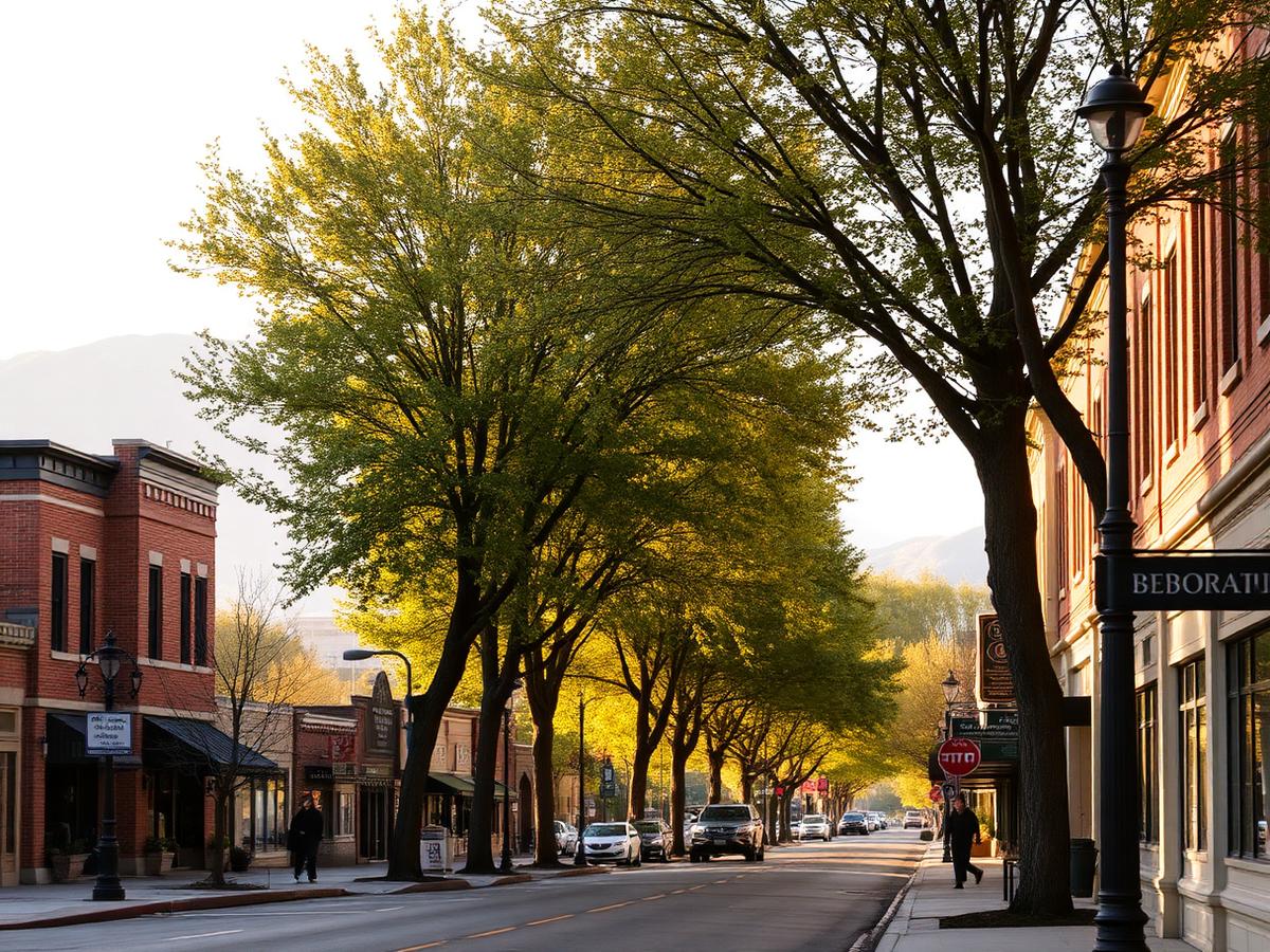 Tree-lined downtown Boise, Idaho street with brick buildings and foothills in the distance