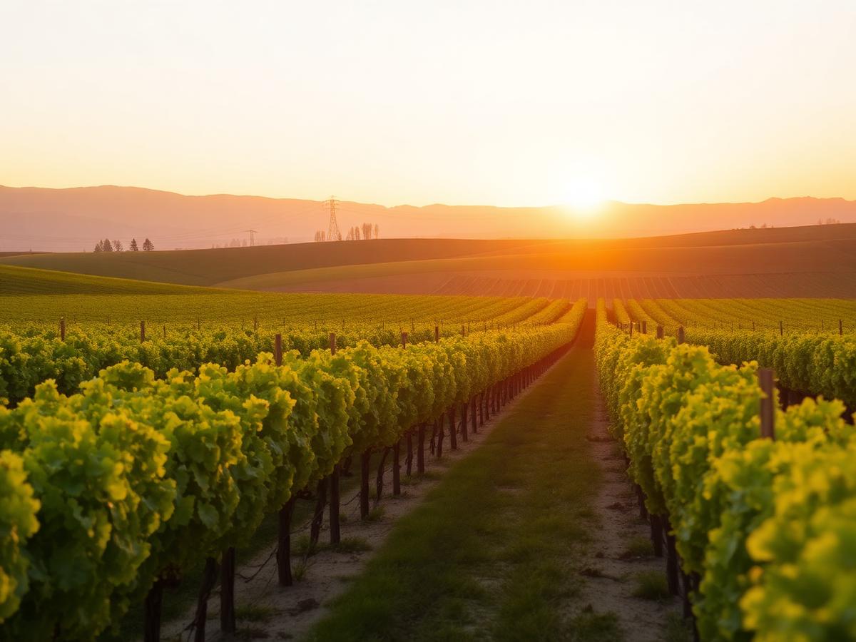 Vineyard rows at sunset in the Idaho wine country near Caldwell