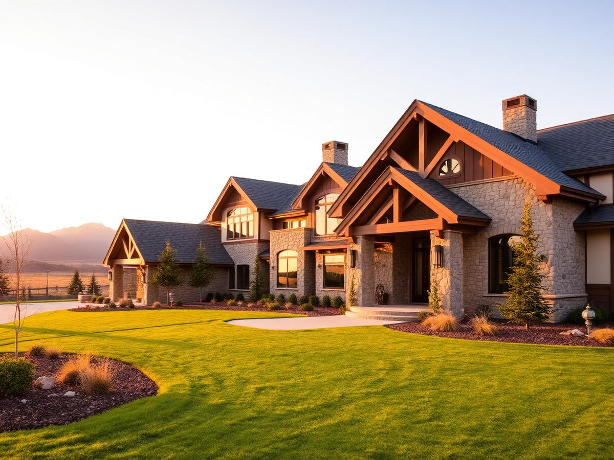 Luxury stone and timber custom home on an acreage lot in Eagle, Idaho at golden hour