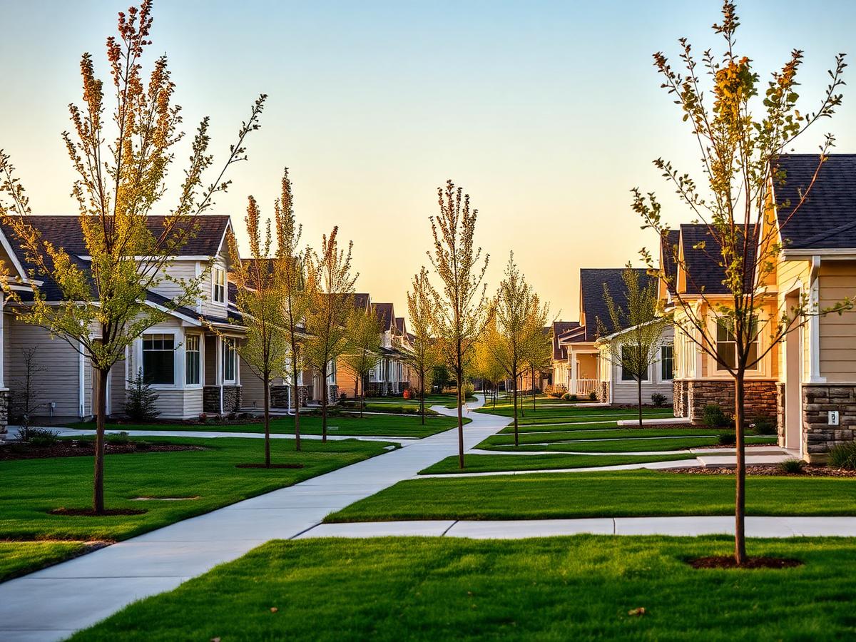 New construction homes along a sidewalk in a Meridian, Idaho neighborhood at sunset