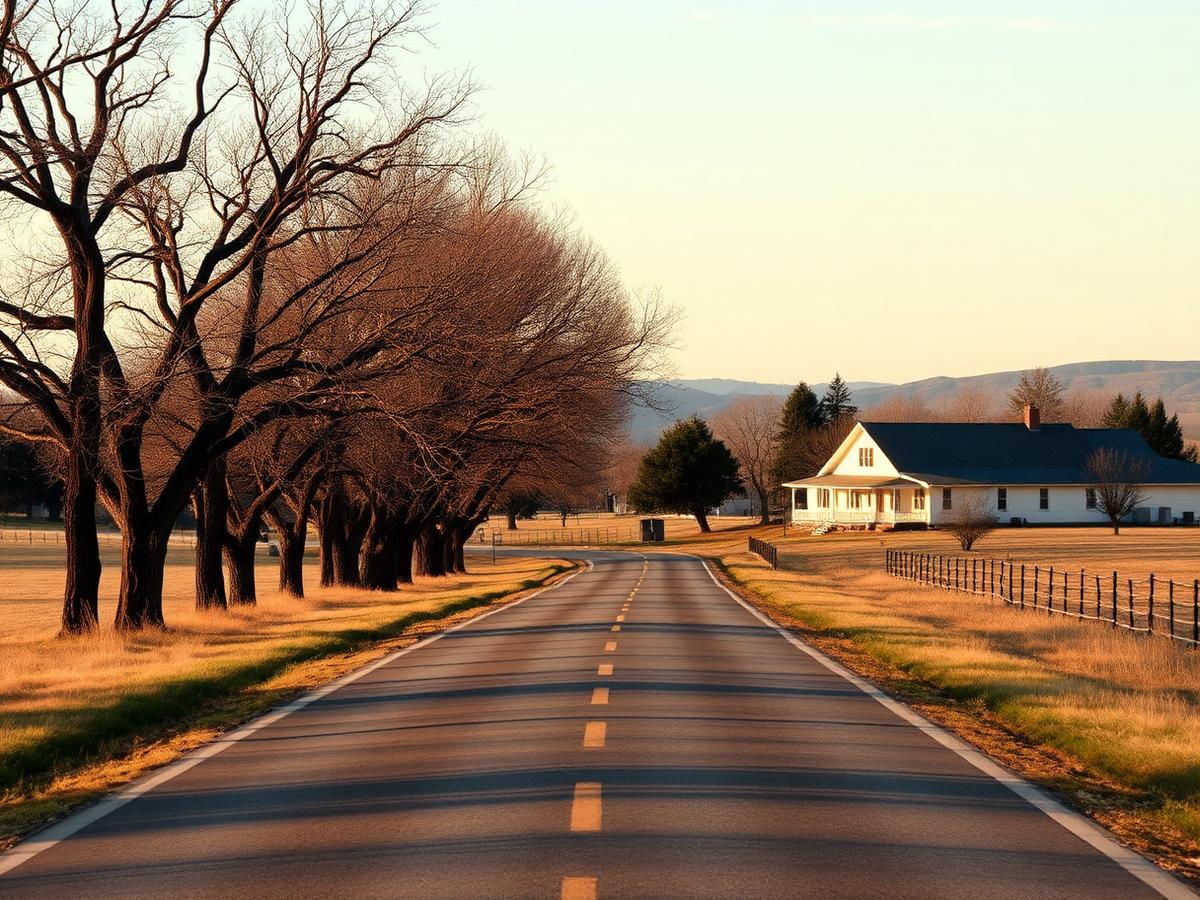 Tree-lined country road with a farmhouse and acreage near Middleton, Idaho