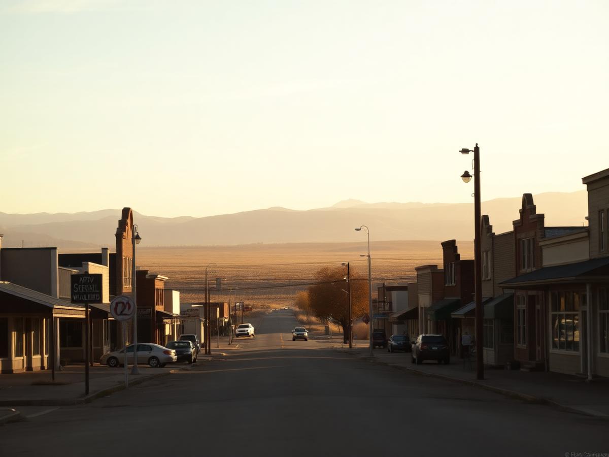 Quiet small-town Idaho main street with farmland at the edge in warm evening light