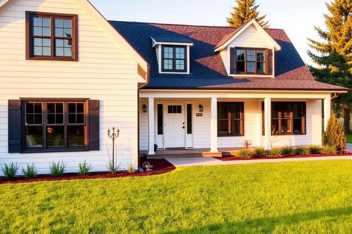 White modern farmhouse with black windows in Idaho