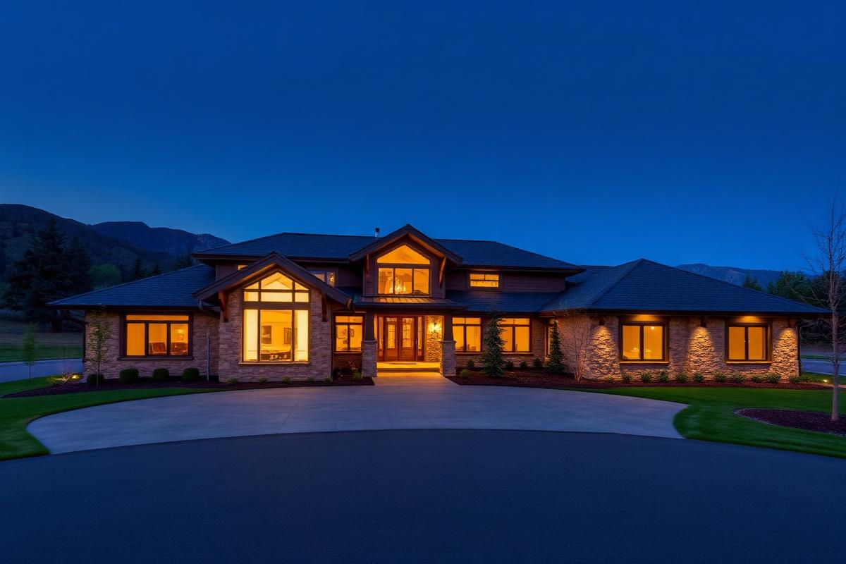 Luxury contemporary Idaho home glowing at twilight