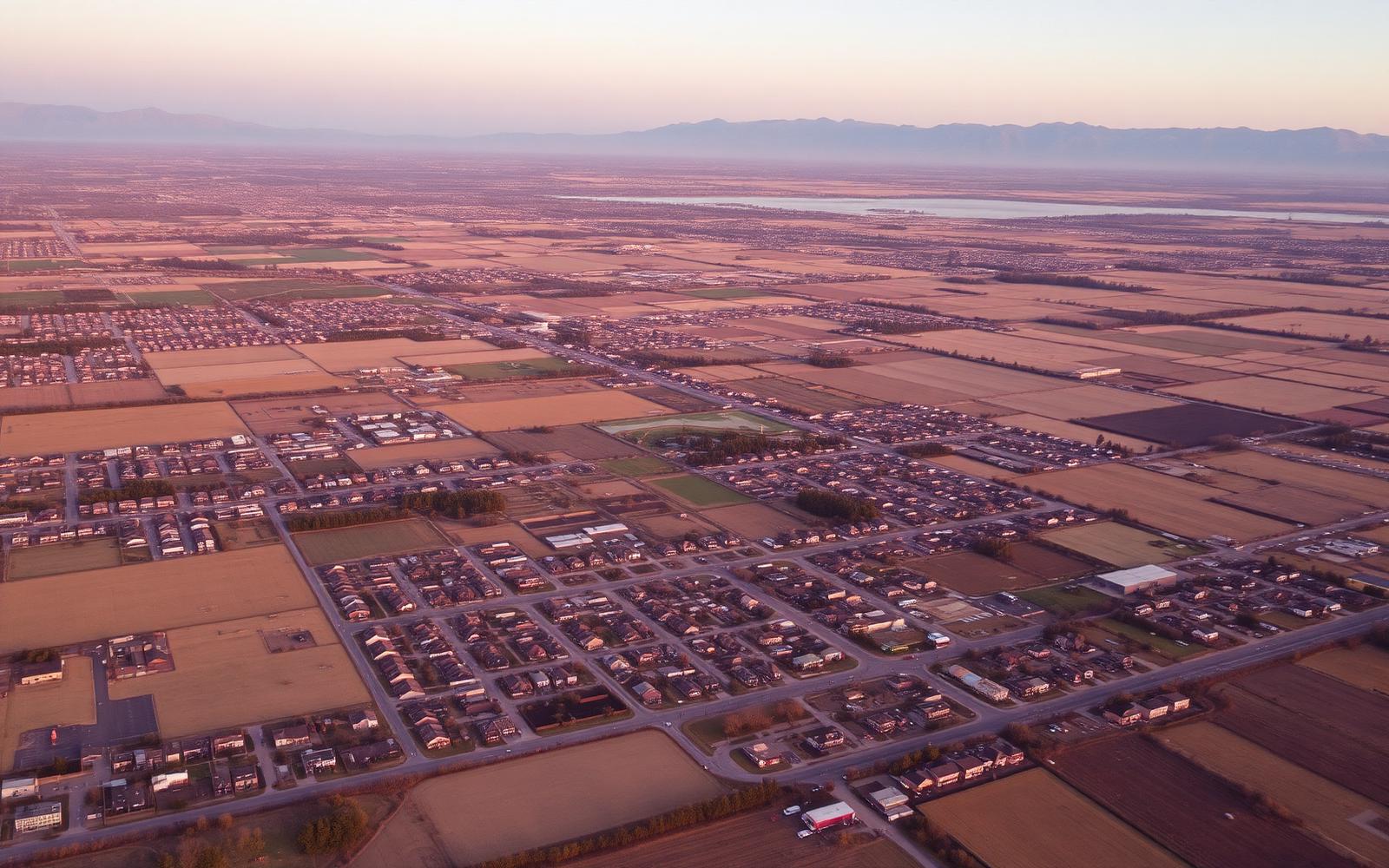 Aerial view of Treasure Valley neighborhoods and farmland at dusk